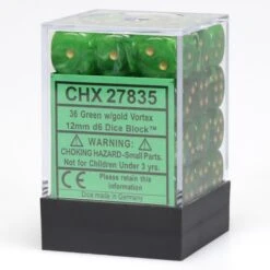 12mm D6 Vortex: Green With Gold Block (36)