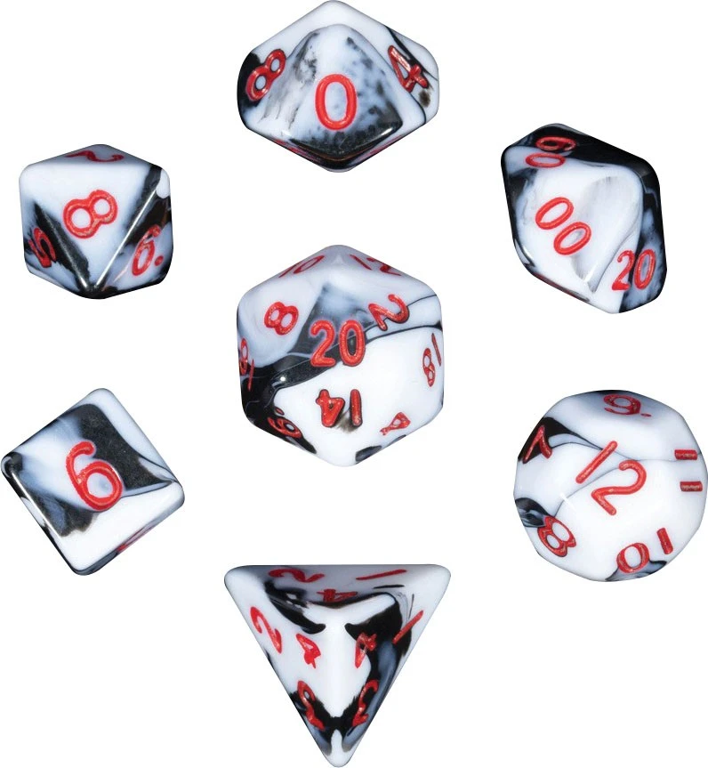 Mini Polyhedral Dice Set: Marble With Red Numbers 3 Mini Polyhedral Dice Set: Marble With Red Numbers