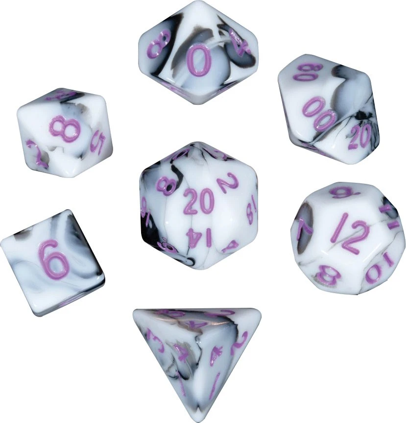 Mini Polyhedral Dice Set: Marble With Purple Numbers 3 Mini Polyhedral Dice Set: Marble With Purple Numbers