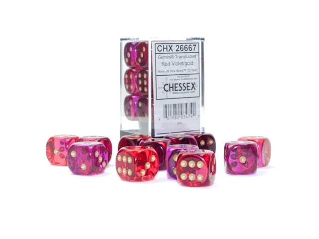 Gemini: 16mm D6 Pearl Translucent Red And Violet With Gold Dice Block (12) 3 Gemini: 16mm D6 Pearl Translucent Red And Violet With Gold Dice Block (12)