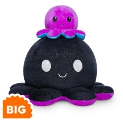 BIG Reversible Octopus Plushie: Happy Black Sparkle And Angry Rainbow Stripes