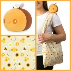 Plushie Tote Bag: Yellow Bees And Honeycomb Tote Bag With Yellow Bee Plushie