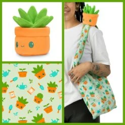 Plushie Tote Bag: Green Gardening Tote Bag And Green Succulent Plushie