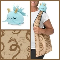 Plushie Tote Bag: Brown Dragon Map Tote Bag And Light Blue Dragon Plushie