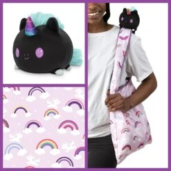 Plushie Tote Bag: Pink Rainbows Tote Bag And Black Unicorn Plushie