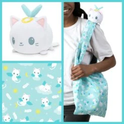 Plushie Tote Bag: Light Blue Angel Cats Tote Bag And White Angel Cat Plushie