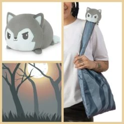 Plushie Tote Bag: Gray Forest Tote Bag And Light Gray Wolf Plushie