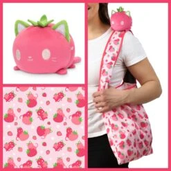 Plushie Tote Bag: Pink Strawberry Cats Tote Bag And Pink Strawberry Cat Plushie