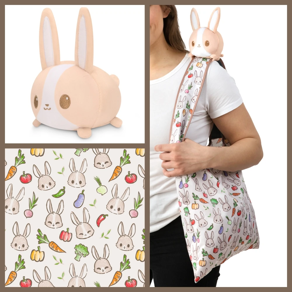 Plushie Tote Bag: Light Brown Bunnies And Veggies Tote Bag With Light Brown Bunny Plushie. 3 Plushie Tote Bag: Light Brown Bunnies And Veggies Tote Bag With Light Brown Bunny Plushie.