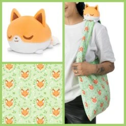 Plushie Tote Bag: Light Green Foxes Tote Bag With Orange And White Fox Plushie