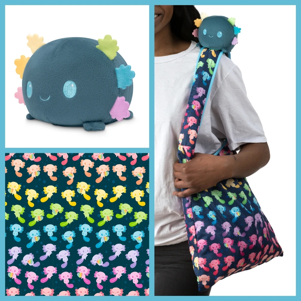 Plushie Tote Bag: Dark Blue Rainbow Axolotls Tote Bag And Blue (Rainbow Gills) Axolotl Plushie 3 Plushie Tote Bag: Dark Blue Rainbow Axolotls Tote Bag And Blue (Rainbow Gills) Axolotl Plushie